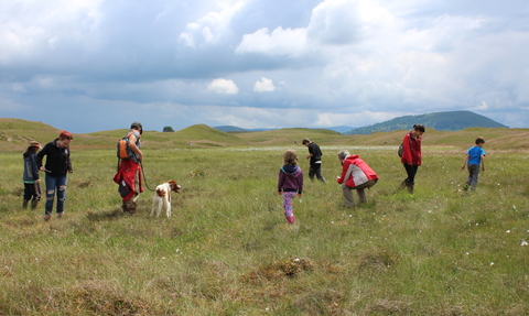 image of people exploring the wetland at eycott hill with dog on lead