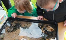 two Kids looking into a mobile rock pool tray at beached art event 