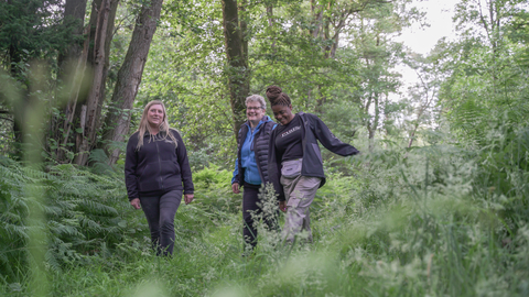 Three smiling people walking together through a forest