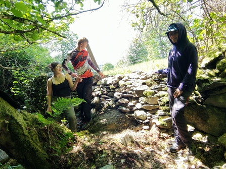 Young people outdoors standing by a dry stone wall in summer