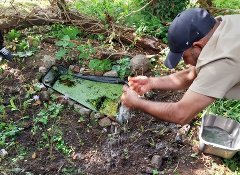 a man helping to create a small pond for wildlife